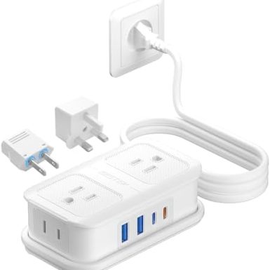 BESTEK European Travel Plug Adapter: - 4 Outlets 4 USB Ports (2 USB C) with 3.6FT Wrapped Short Extension Cord, Small Portable Desktop Charging Station, Compact for Hotel Travel Cruise Essentials
